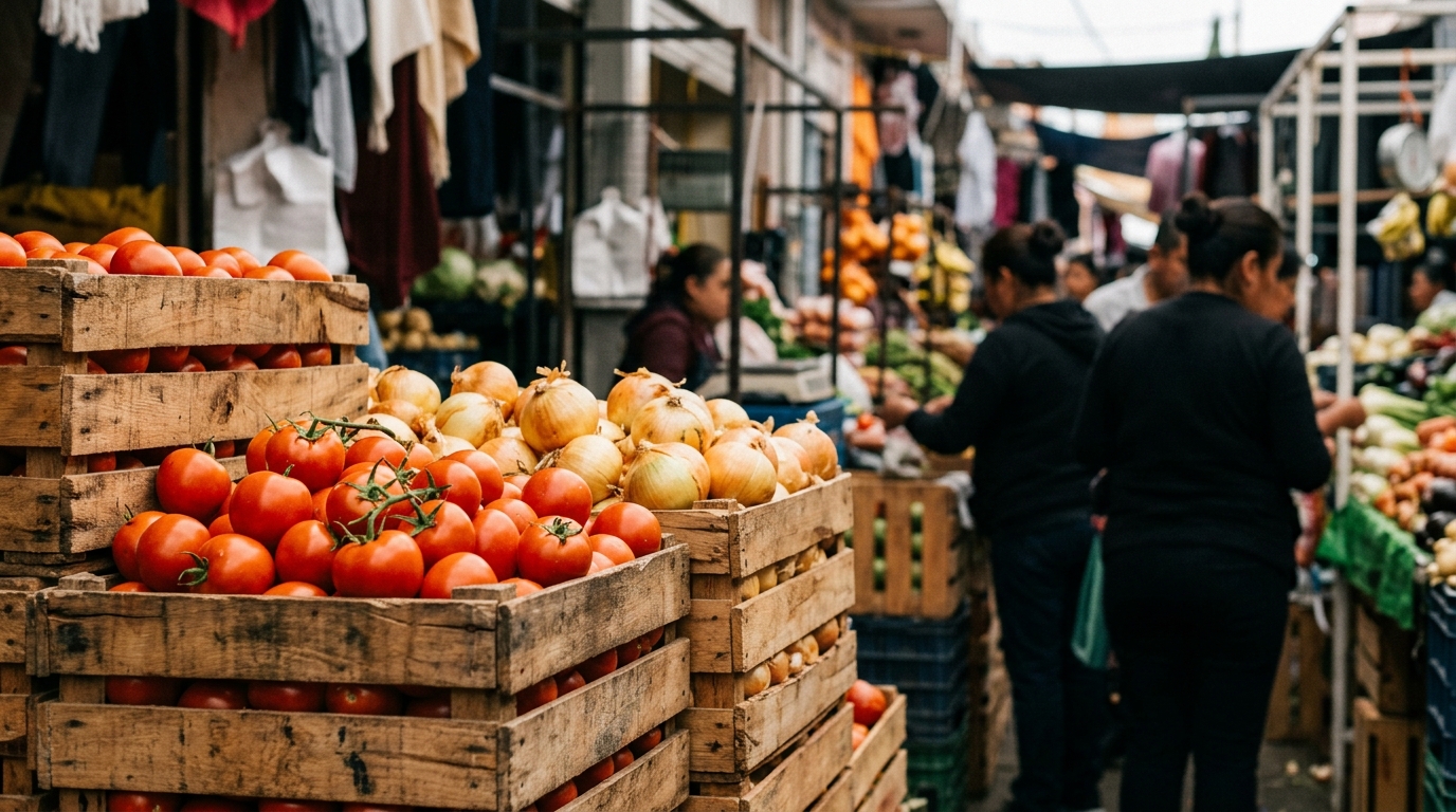 Aguascalientes: puesto de verduras en mercado local con jitomate y cebolla