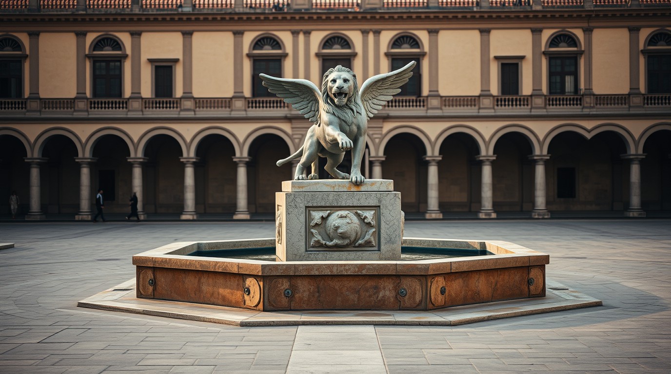 Escultura de león alado sobre fuente en la Plaza Fundadores de Aguascalientes